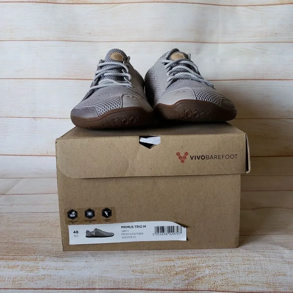 Vivobarefoot Primus Trio Leather/Mesh Grey Walking Running Outdoor Sneakers Men